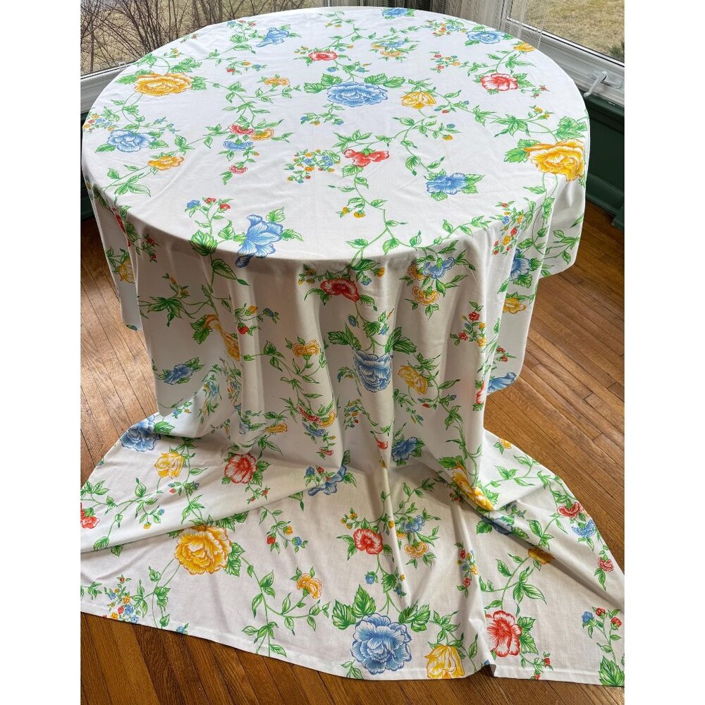 Vintage 70s flat/top sheet, red, yellow blue flowers, greenery, Lady Pepperell